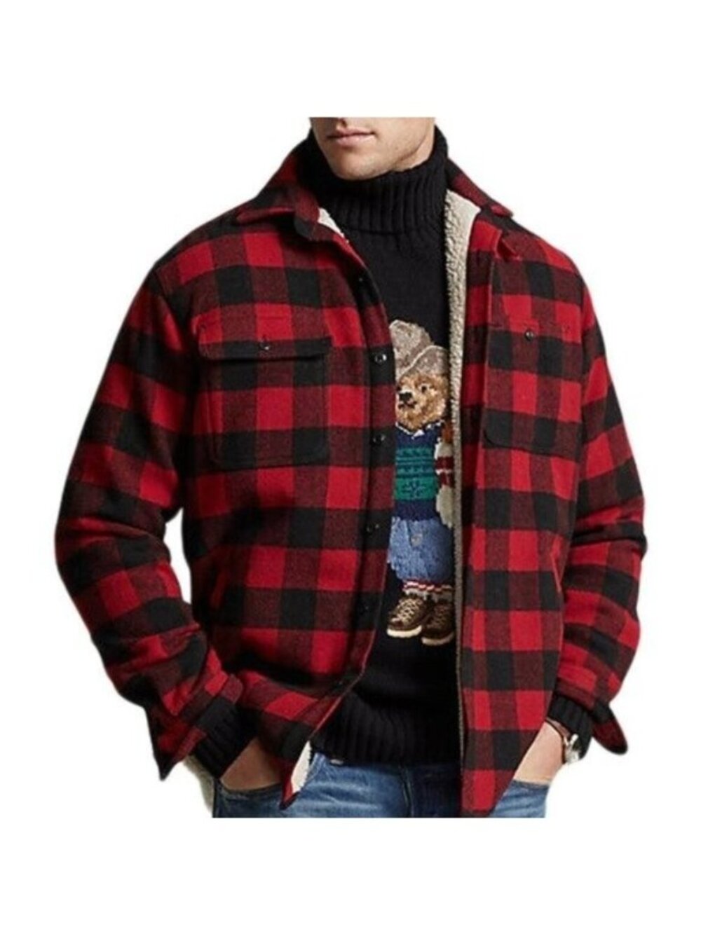 Polo by Ralph Lauren Fleece Lined Plaid Wool Sherpa Overshirt Shacket Jacket